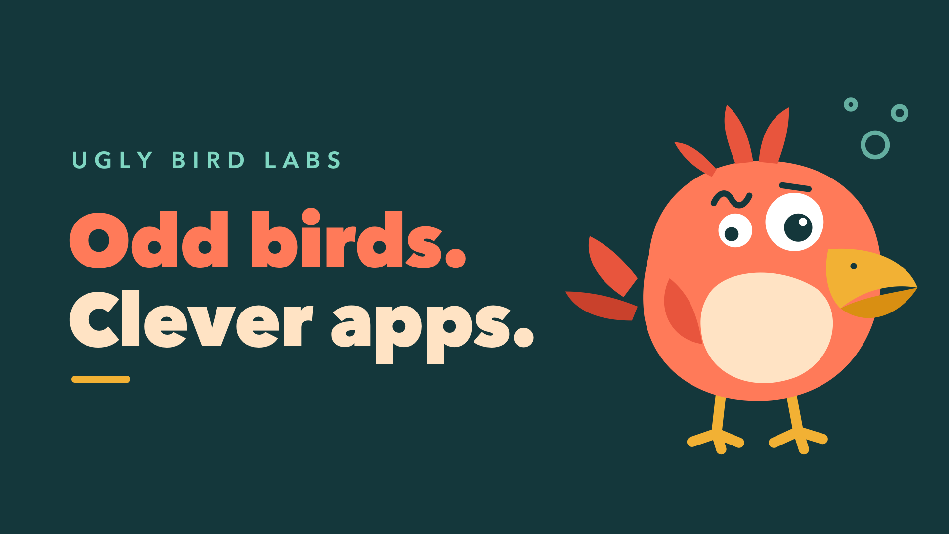 Ugly Bird Labs: Odd birds. Clever apps. Egy korallszínű, butácska madár, két különböző méretű szemmel.